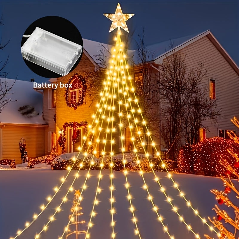Christmas Tree Waterfall Fairy Lights 200 LED with Star Top Decoration, 8 Lighting Modes, Battery