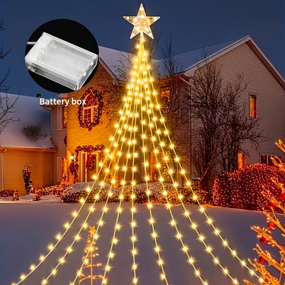 Christmas Tree Waterfall Fairy Lights 200 LED with Star Top Decoration, 8 Lighting Modes, Battery