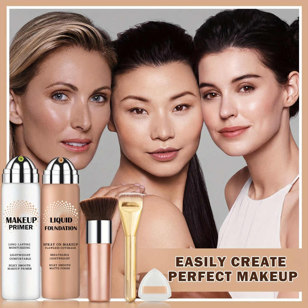 Liquid Foundation & Primer Set for Mature Skin 3-in-1 CC Cream BB Cream Silky Smooth Formula, for Makeup, Travel and Everyday Vanity Use