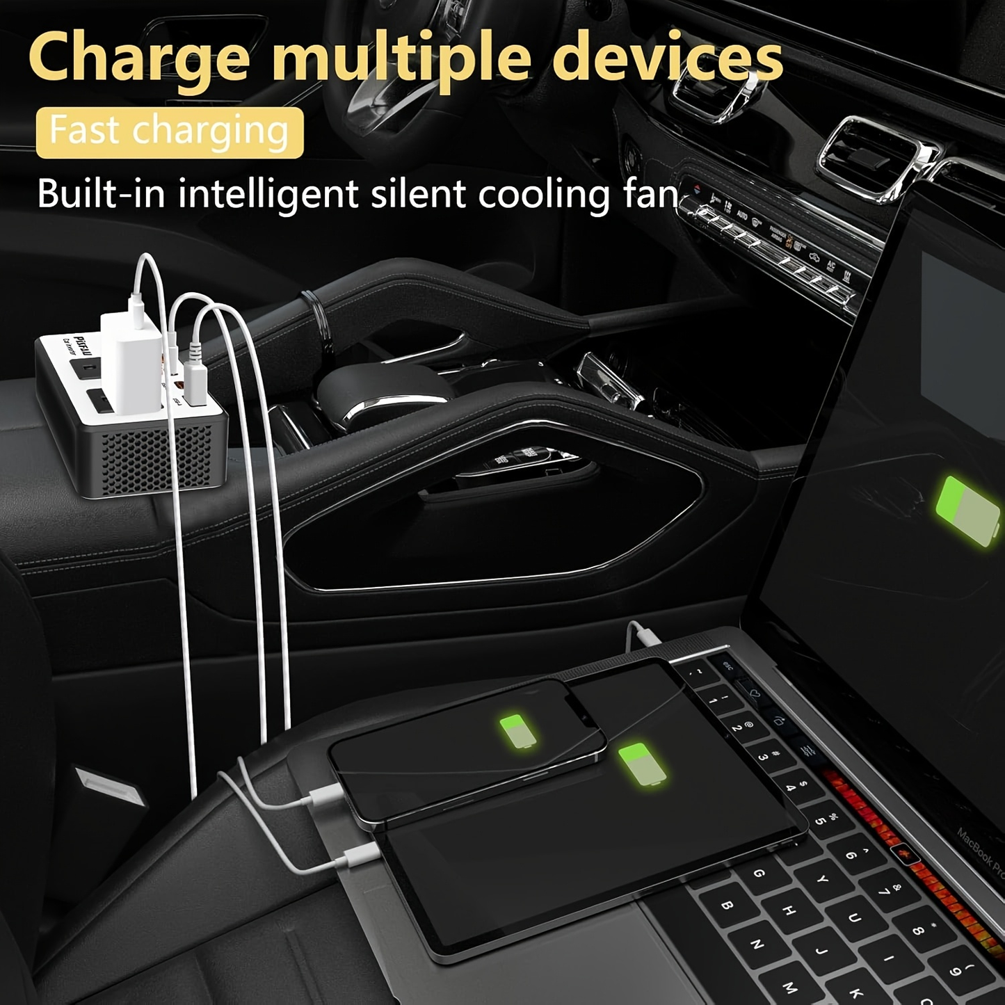 Car Inverter 200W DC 12V to AC 110V with Dual AC Outlets 24W USB-C Fast Charging 4 USB Ports Portable for Garden, Patio and Yard Use