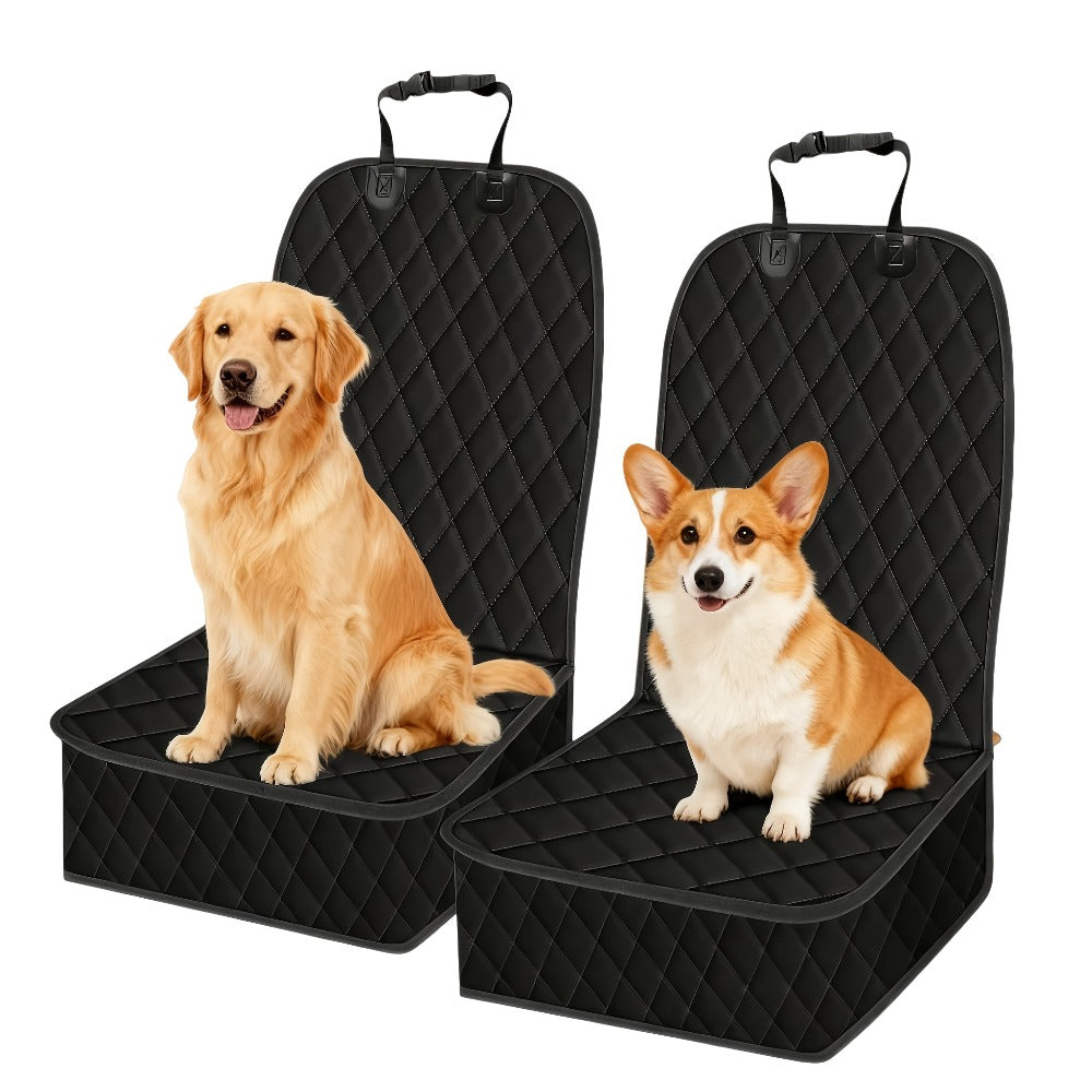 Quilted Black Front Car Seat Covers with Headrest Straps and Raised Pet-Guard Side Panels, Two-Piece Set