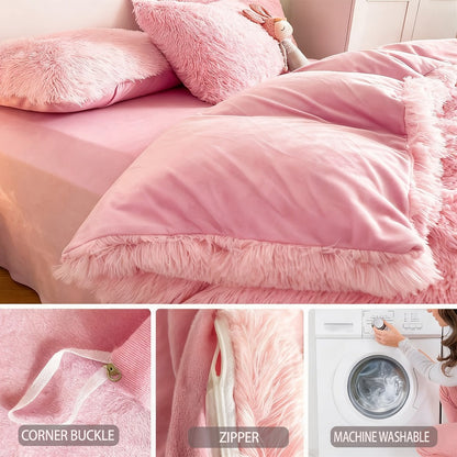 Plush Faux Fur Duvet Cover Set with Heart Pillow, Corner Ties and Twin, Queen or King Sizes in Eight Colors