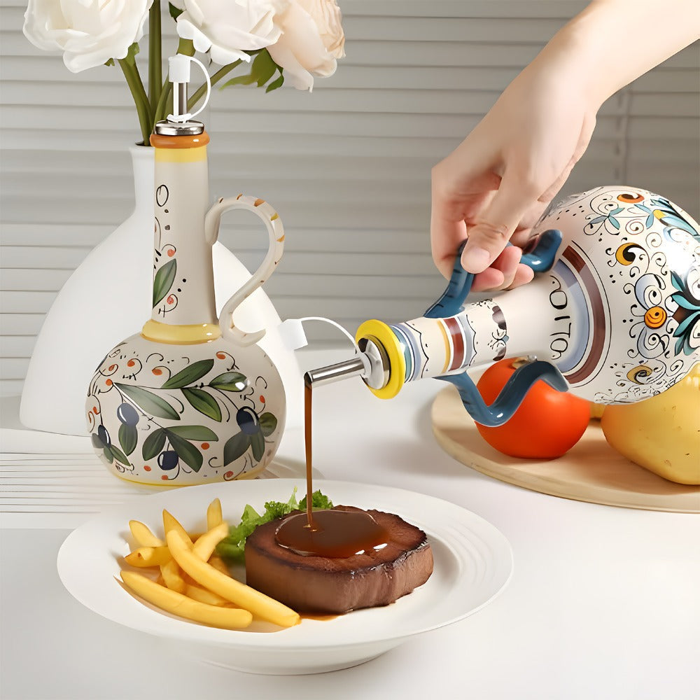 Ceramic Oil and Vinegar Dispenser Set Hand-Painted Underglaze Anti-Drip Leak-Proof Kitchen for Home Cooking, Dining and Outdoor Meals