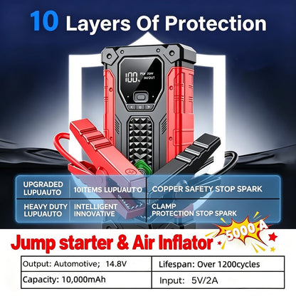 Car Jump Starter 10000A with 150PSI Tire Inflator – 7-in-1 Emergency Battery Booster Pack, 5000A Peak, 10000mAh Power Bank, LED Light