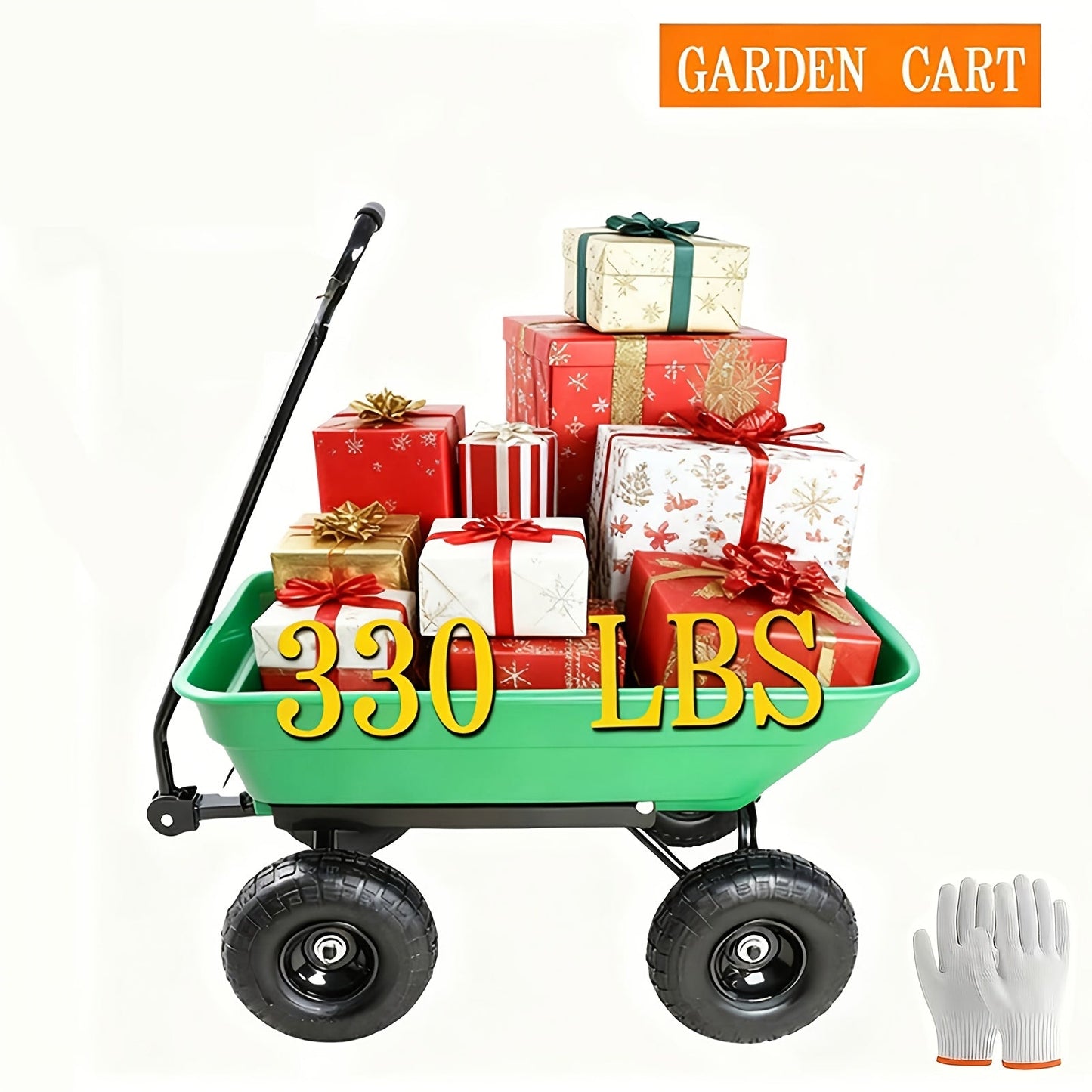 Garden Cart Steel Yard Wagon Dump Cart with 10 Inch Pneumatic Tires Utility Cart for Lawn Farm Gardening Green