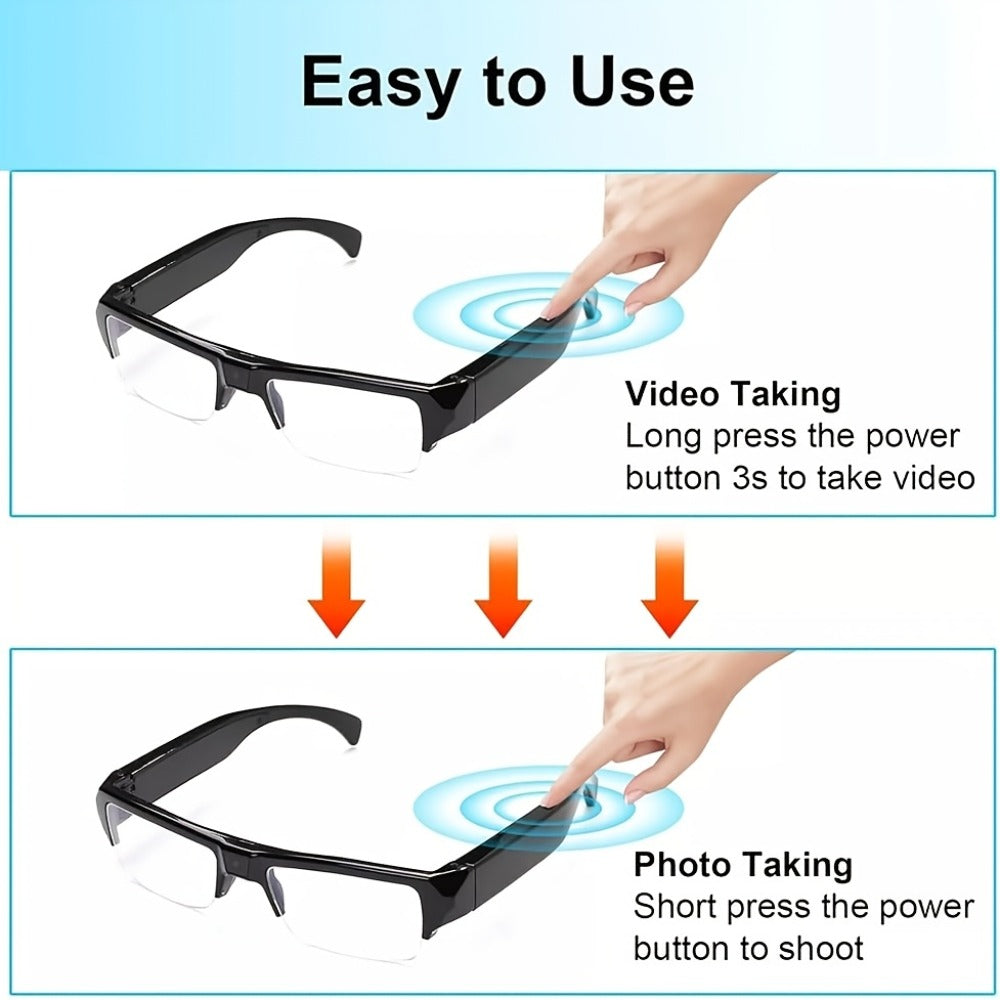 Slim Clear-Lens Camera Glasses in Black with Front Camera and 32GB or 64GB Memory Card Bundles