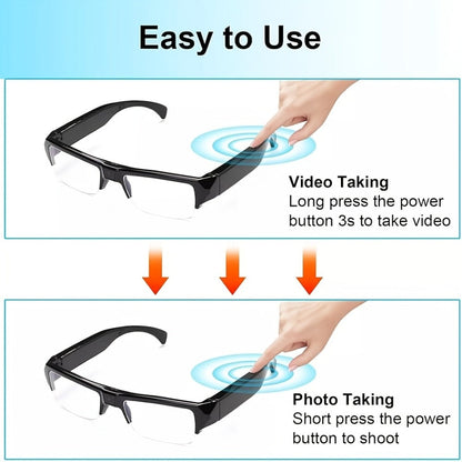 Slim Clear-Lens Camera Glasses in Black with Front Camera and 32GB or 64GB Memory Card Bundles