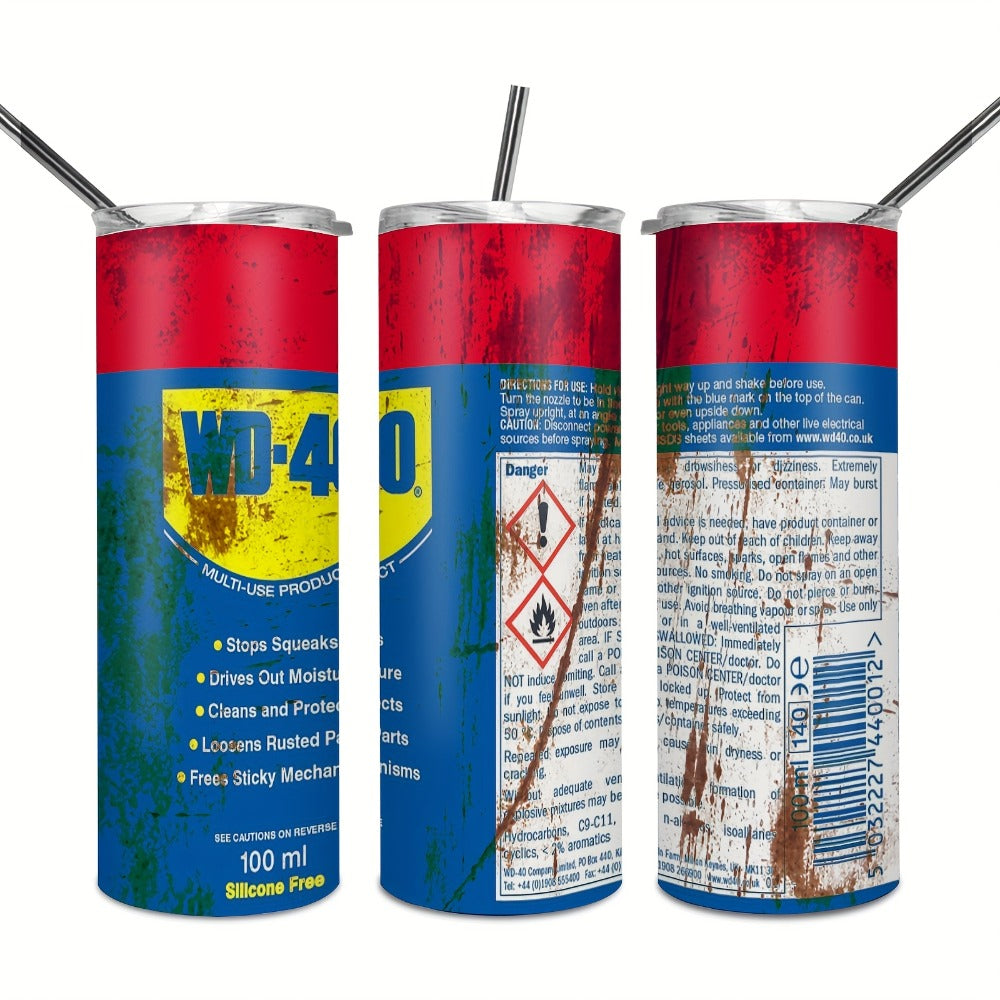 Insulated Tumbler 20oz WD-40 Can-Style Graphic on White Stainless Steel Travel Mug with Lid and Straw