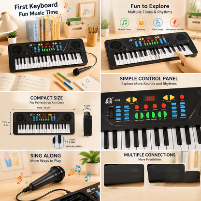 Kids Electronic Keyboard with Microphone, Black, Music Learning Toy for Boys & Girls, Sing-Along Piano Instrument