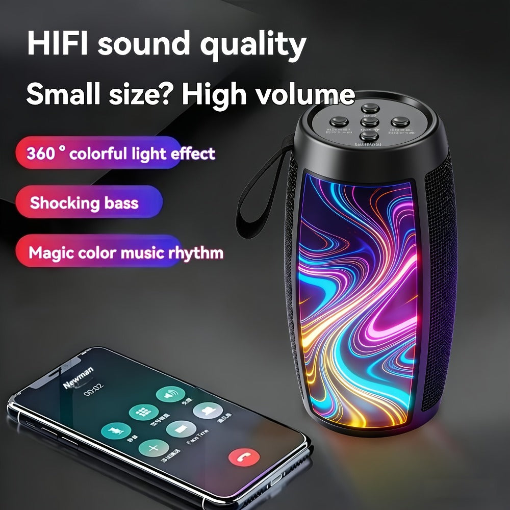Portable Bluetooth Speaker with Bluetooth 5.3, wraparound audio layout, TWS, RGB Light Show and Carry Strap