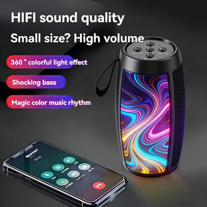 Portable Bluetooth Speaker with Bluetooth 5.3, wraparound audio layout, TWS, RGB Light Show and Carry Strap