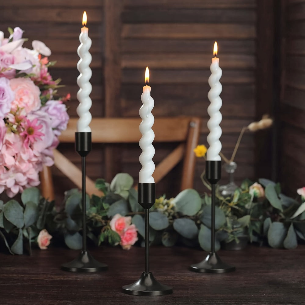 Candle Holder Set 12-Piece Metal Taper Stands in Three Heights with Gold, Silver or Black Finish Options