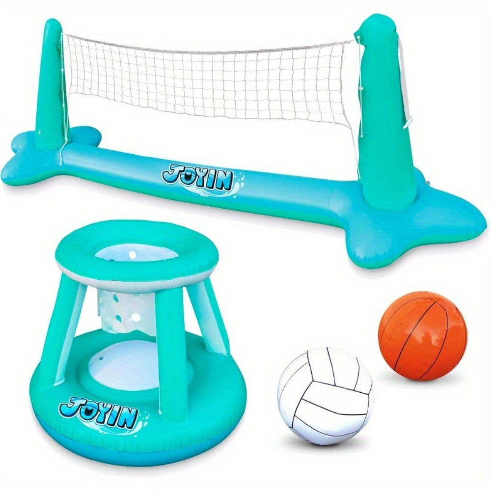 Inflatable Pool Volleyball Set with Basketball Hoop, 2-in-1 Floating Net Court Game for Kids & Adults