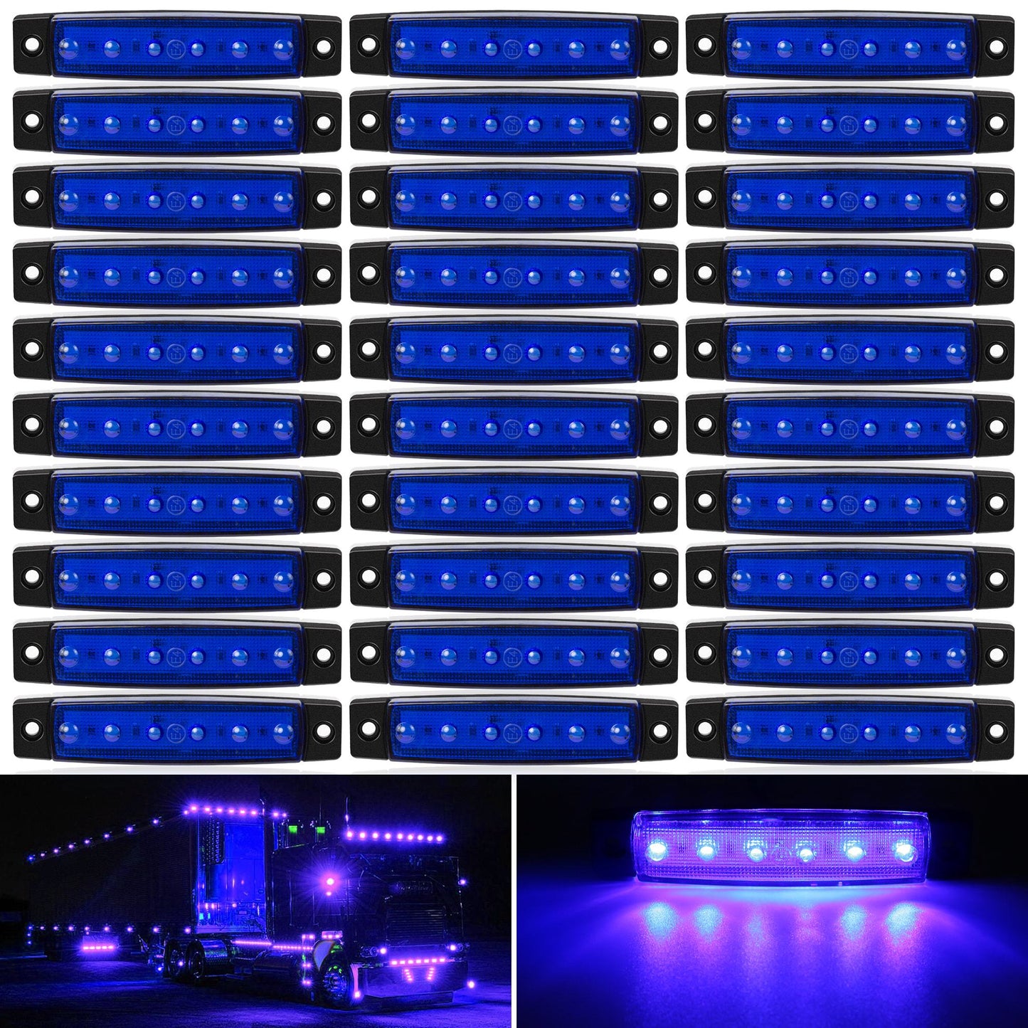 Thirty-Piece 12 V LED Side Marker Light Set with Six LEDs per Lamp in Amber, Red, White, Blue, Green or Purple