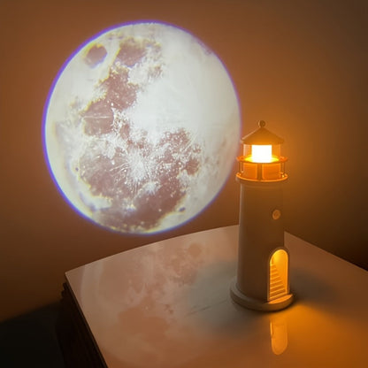 Moon Lighthouse Projector Night Light, Motion Sensor LED Lamp with USB Charging, Always-On Mode, Moonlight Ocean Projection