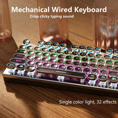 Steampunk Typewriter Mechanical Keyboard with Blue Switches – Retro Old-Fashioned USB Wired Gaming & Office Keyboard for Desktop Laptop PC
