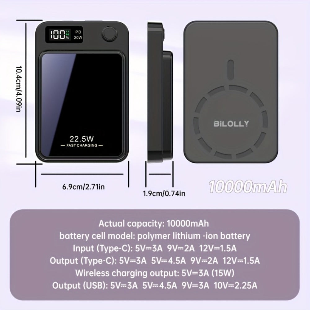 Magnetic Wireless Power Bank 10000mAh MagSafe Compatible 22.5W USB-C Fast Charging with LED Display