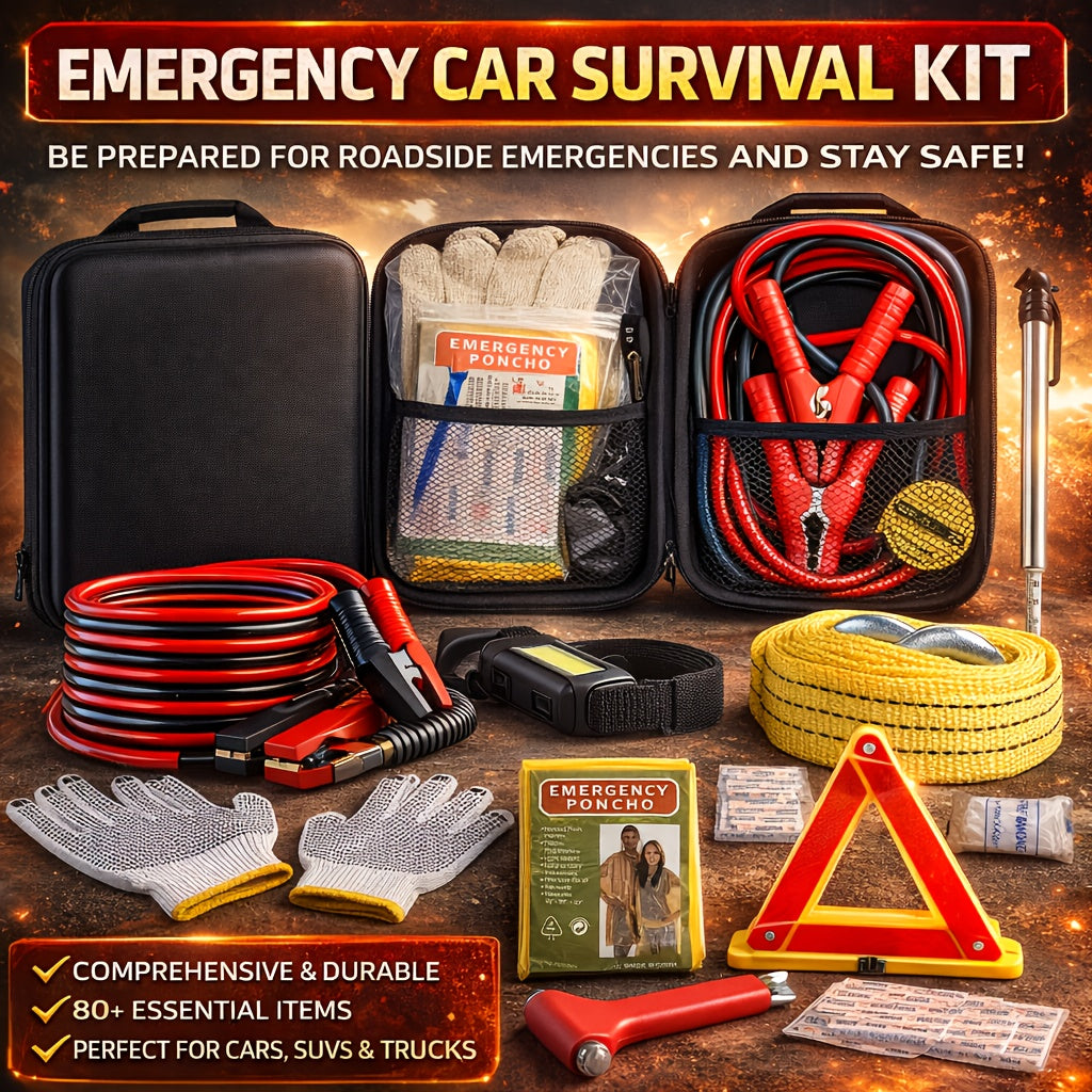 Car Emergency Roadside Kit with Jumper Cables – 12-Piece Automotive Safety Kit with Tow Rope, Safety Hammer, Tire Gauge