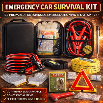 Car Emergency Roadside Kit with Jumper Cables – 12-Piece Automotive Safety Kit with Tow Rope, Safety Hammer, Tire Gauge
