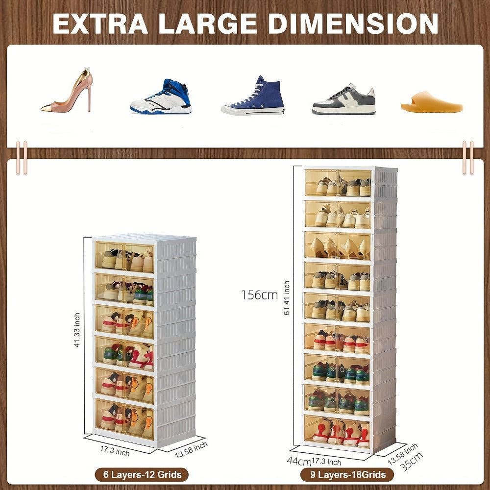 Shoe Rack Organizer 9-Tier, Collapsible Clear Plastic Foldable Stackable Shoe Cabinet with Shelves & Doors