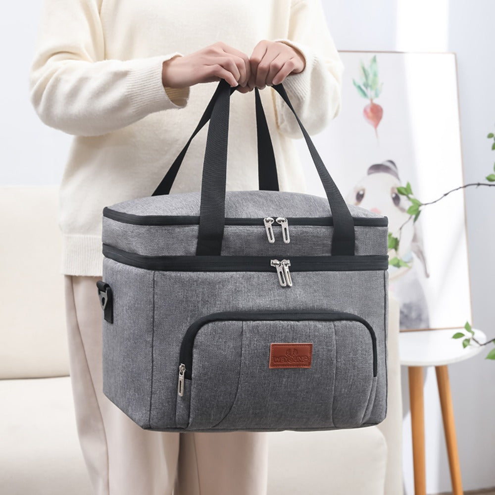 Double-Deck Lunch Tote with Front Pocket and Shoulder Strap in Gray, Blue, Black or Pink Options