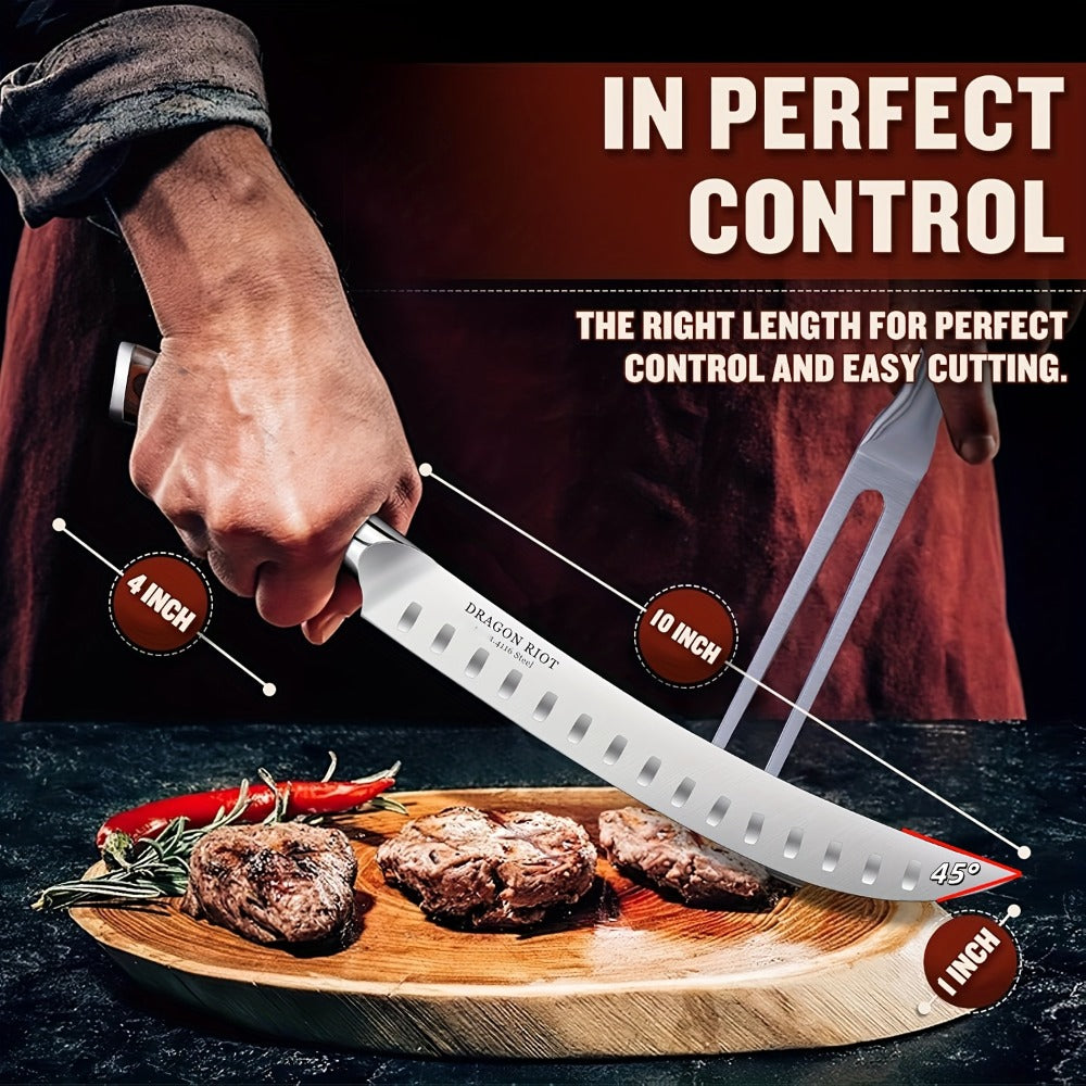 Brisket Carving Knife 10 Inch, High Carbon Steel Granton Edge Slicing Knife, Hand Forged Meat Carving Knife with Wood Handle for BBQ