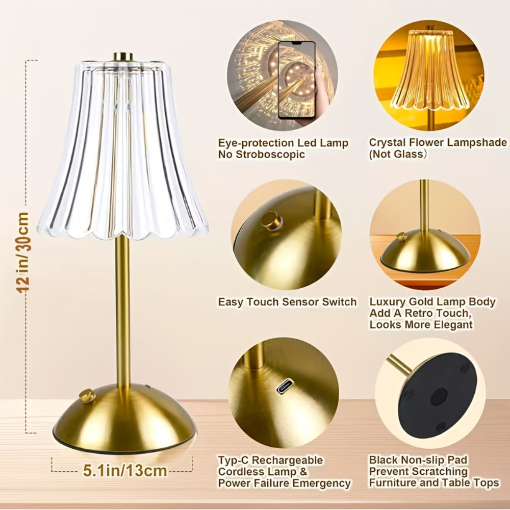 Crystal LED Table Lamp Vintage USB Rechargeable 3 Color Dimmable Touch Control Bedside Night Light for Bedroom Living Room Office Reading