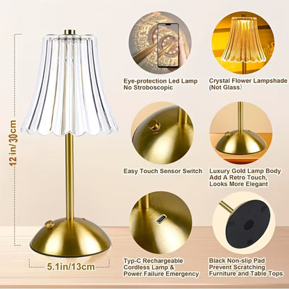 Crystal LED Table Lamp Vintage USB Rechargeable 3 Color Dimmable Touch Control Bedside Night Light for Bedroom Living Room Office Reading