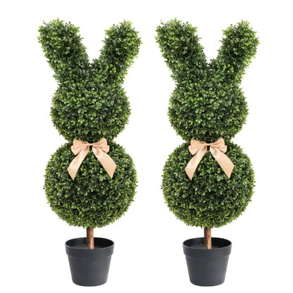 Artificial Boxwood Bunny Topiary 2-Pack, 3Ft Faux Rabbit Garden Statue with Bow, Indoor Outdoor Easter Spring Porch Decor