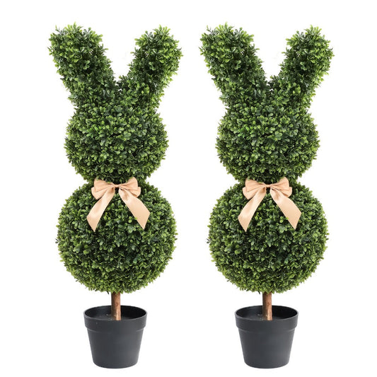 Artificial Boxwood Bunny Topiary 2-Pack, 3Ft Faux Rabbit Garden Statue with Bow, Indoor Outdoor Easter Spring Porch Decor