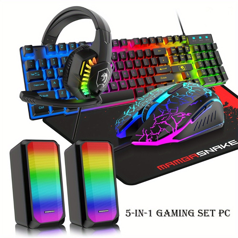 Complete 5-in-1 Gaming Setup Bundle RGB, 104 Keys Wired Keyboard, 2400 DPI Optical Mouse, Gaming Headphone