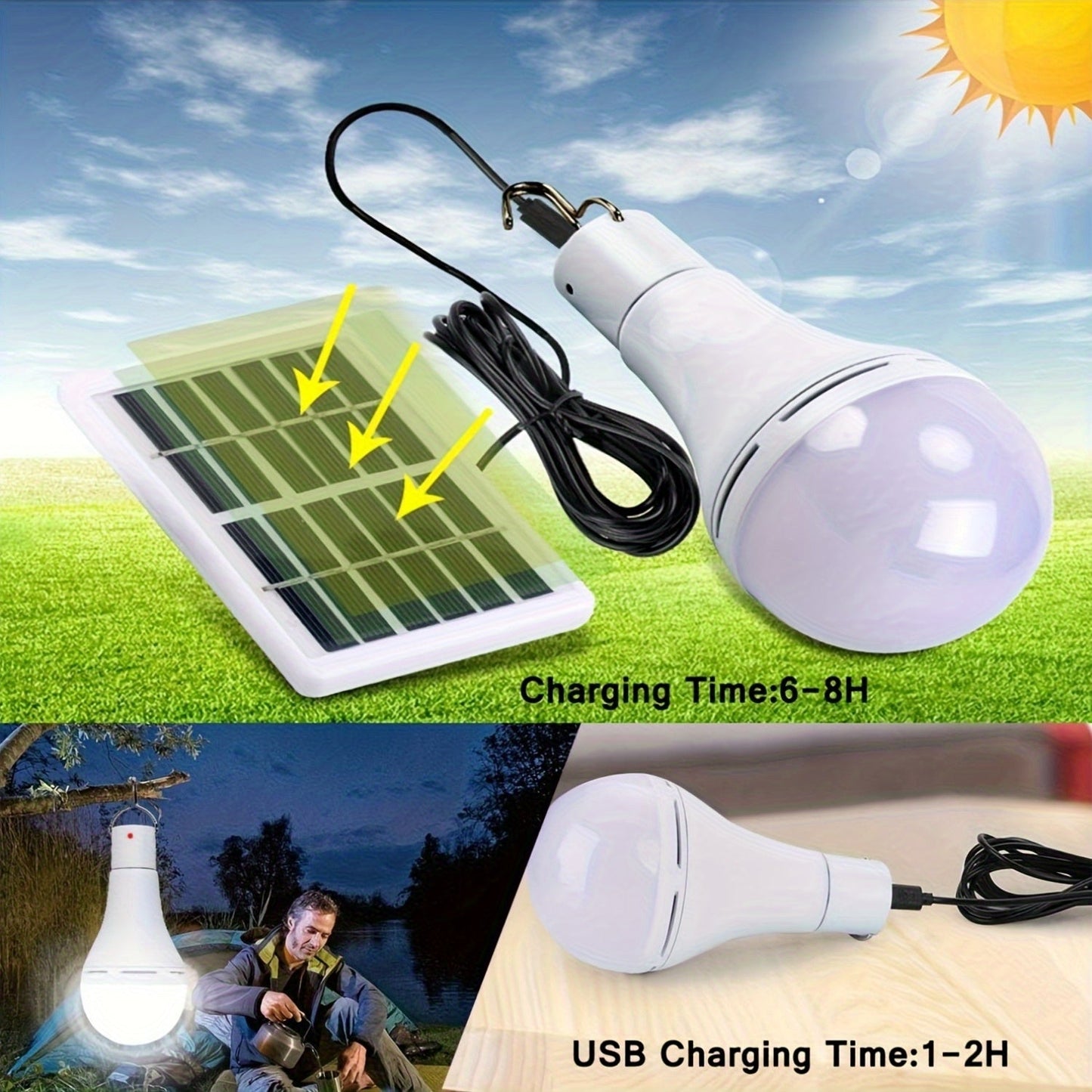 Solar Light Bulbs 2 Pack Campsite Outdoor – Remote Control Timer, 4 Modes 300LM, Light Sensor Auto On/Off, Solar & USB Rechargeable – Shed