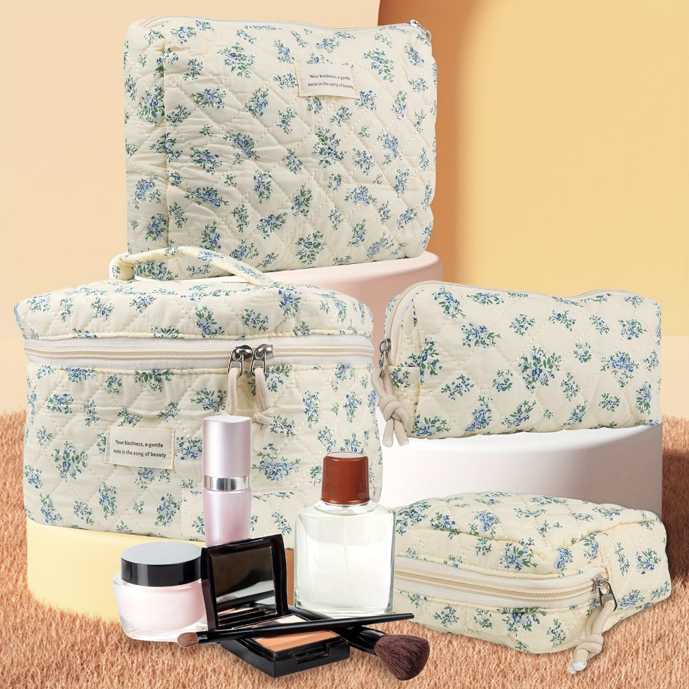Makeup Bag Four-Piece Quilted Cotton Floral Pouch Set in Five Styles for Travel, Vanity and Everyday Beauty Storage