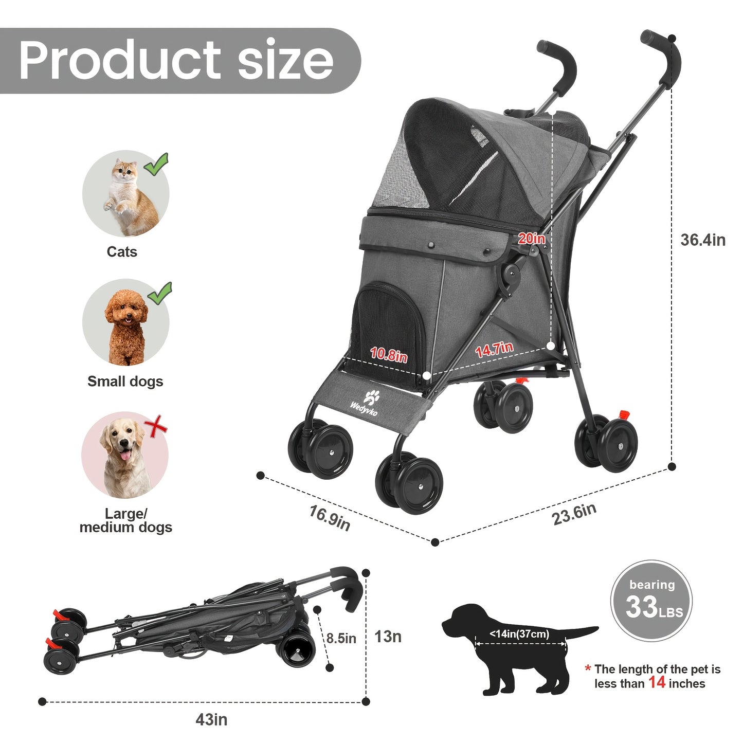 Pet Stroller for Small Dogs & Cats | Foldable Travel Dog Stroller, Portable Puppy Cat Pram with 4 Wheels, Canopy & Storage Basket
