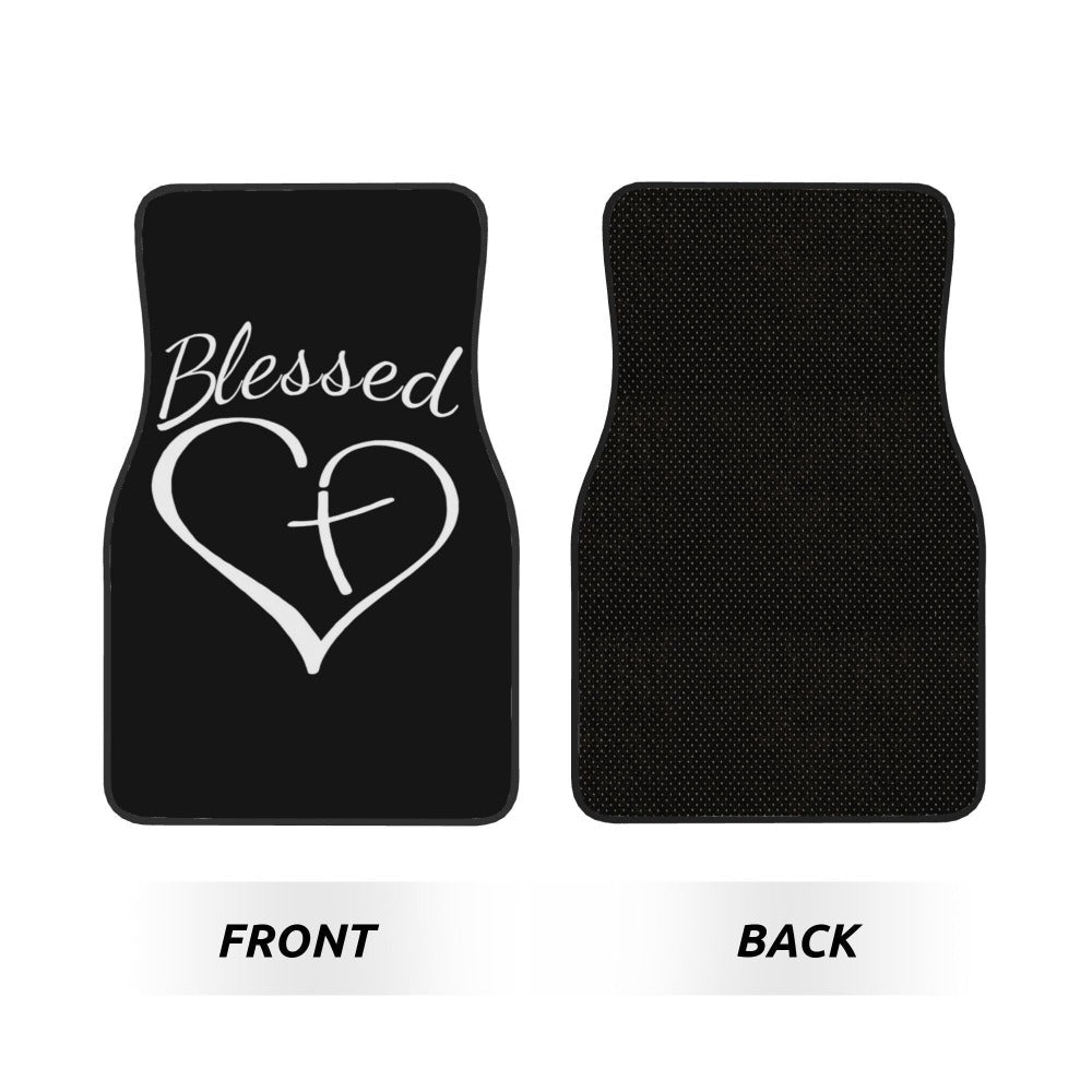Heart and Cross Car Floor Mats, Four-Piece Black Printed Set with Two Front and Two Rear Mats