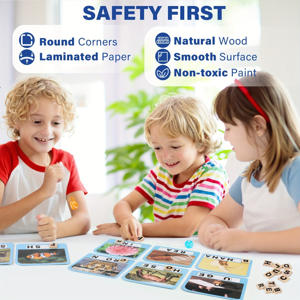 Spelling Flash Card Game for Kids Ages 4-8 – 224 Phonics Sight Word Flashcards, 208 Wood Letter Tiles & Dice