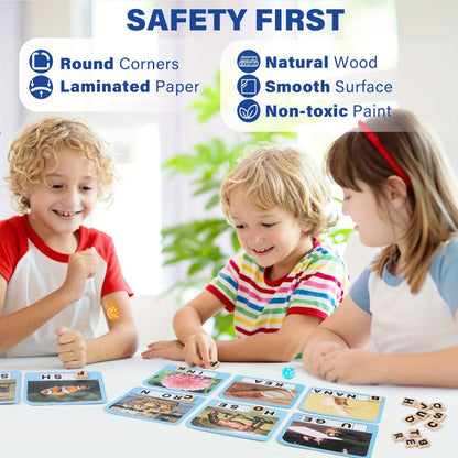 Spelling Flash Card Game for Kids Ages 4-8 – 224 Phonics Sight Word Flashcards, 208 Wood Letter Tiles & Dice