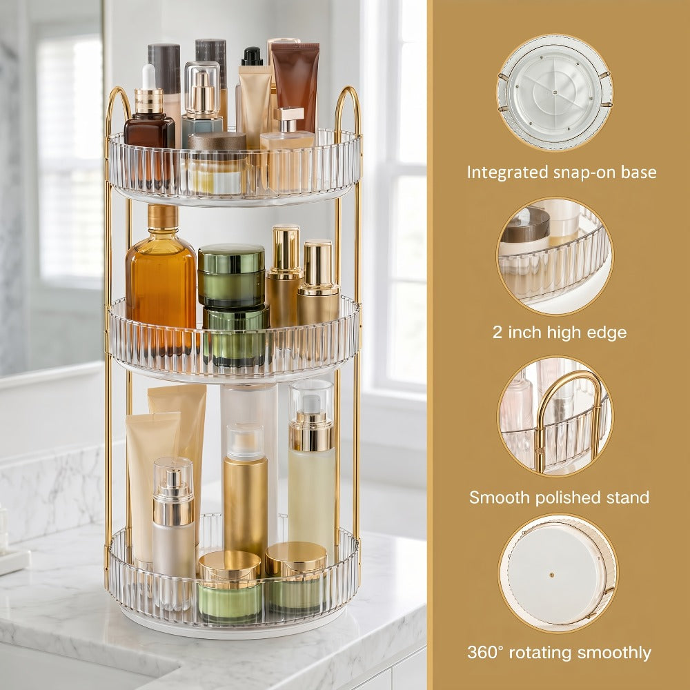 Three-Tier Rotating Makeup Organizer with 360-Degree Base in Green, Amber or Transparent Finish