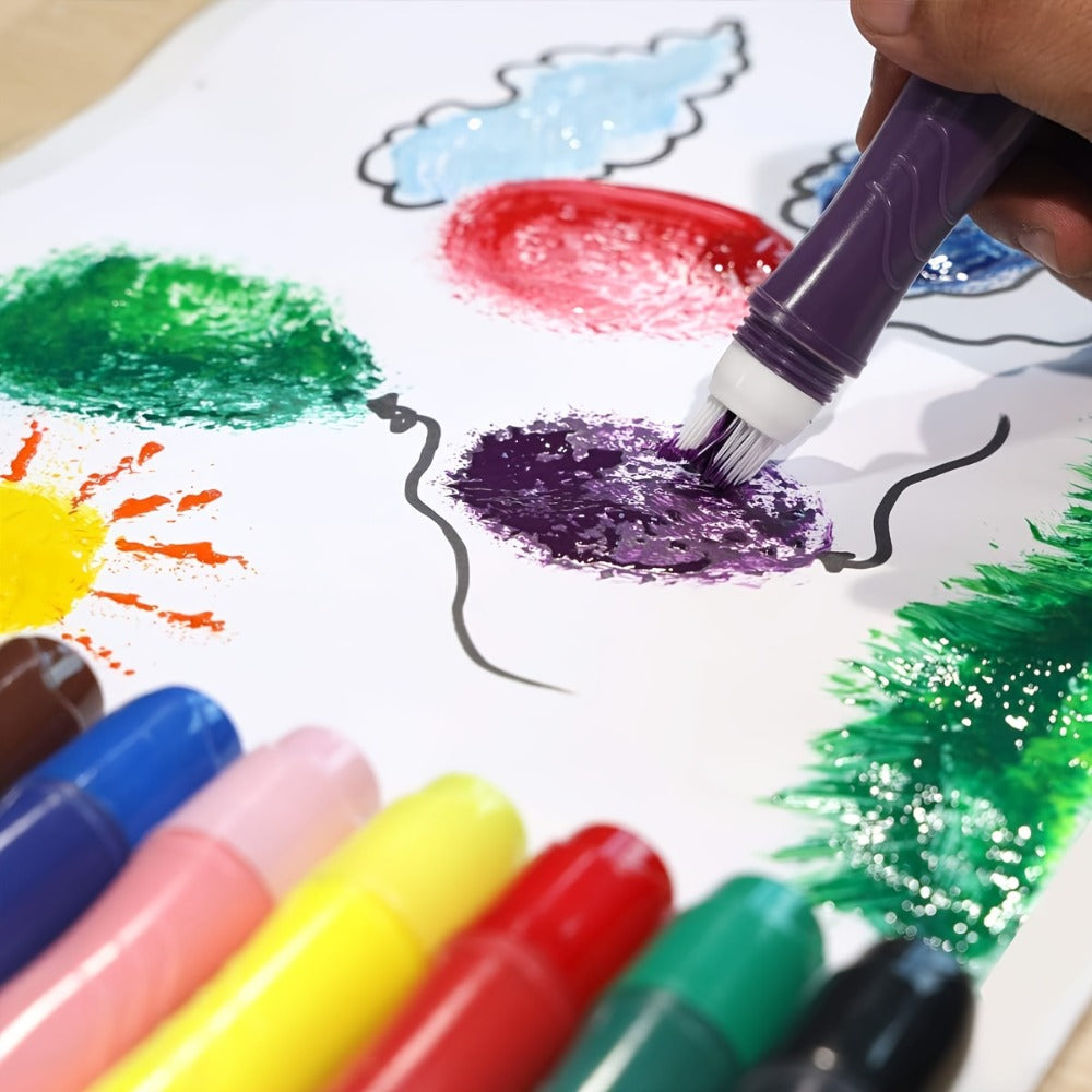 12-Color Neon Squeezable Tempera Paint Brush Pen Set with 24 ml Source Fill Labels and Tray