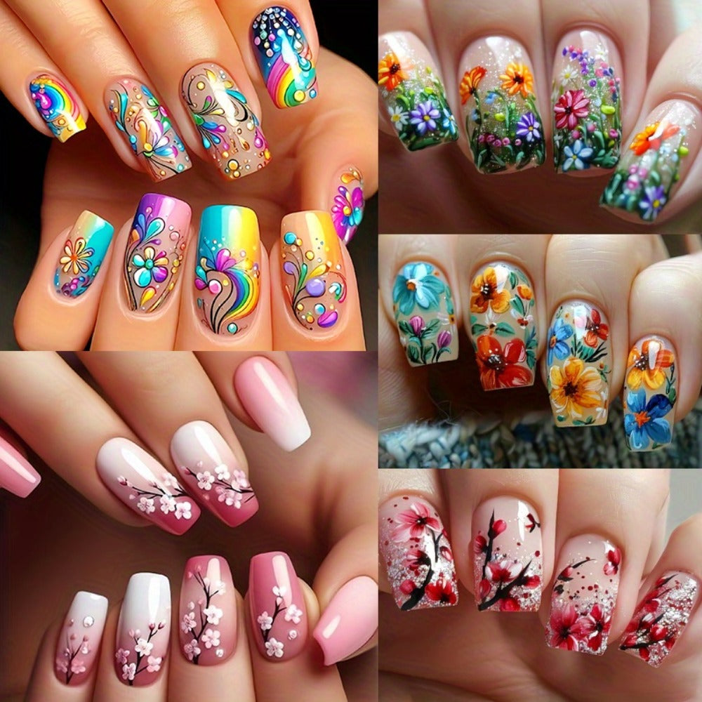 Press On Nails 120-Piece Medium Square Set with Glossy Floral and Striped Designs in Five Packs