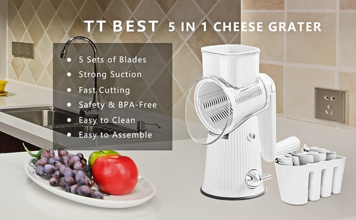 Rotary Cheese Grater with Interchangeable Blades, 5-in-1 Manual Vegetable Slicer Shredder Set, Suction Cup Base