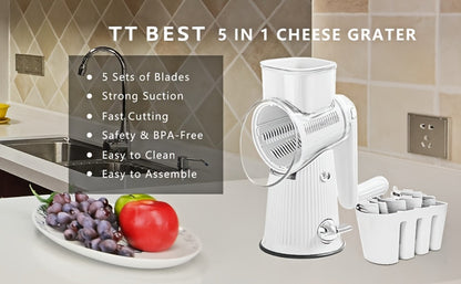 Rotary Cheese Grater with Interchangeable Blades, 5-in-1 Manual Vegetable Slicer Shredder Set, Suction Cup Base