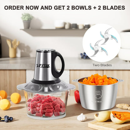 Electric Food Chopper with 2 Bowls & Dual-Level Blades, Mini Food Processor for Grinding Meat Chopping Nuts Salad Prep