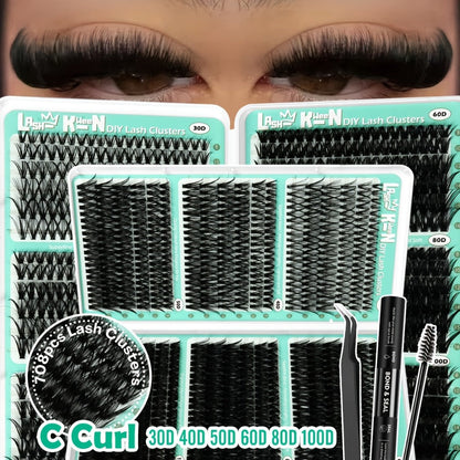 Lash Clusters Kit 708Pcs with Tweezers, Glue & Brush – Soft Silky Fiber False Eyelashes Full Voluminous DIY Lash Extension Set for Party