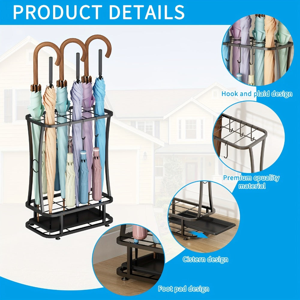Metal Umbrella Stand with Drip Tray – 4-Tier Freestanding Umbrella Holder, Sleek Polished Finish, Space-Saving Entryway Storage for Home
