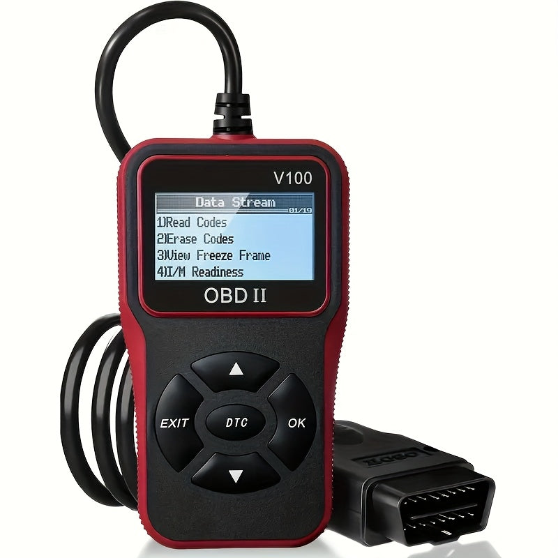 V100 OBD2 Scanner with Four-Line Menu, 12.4 x 7cm Body, Tethered 16-Pin Plug and Four Color Options