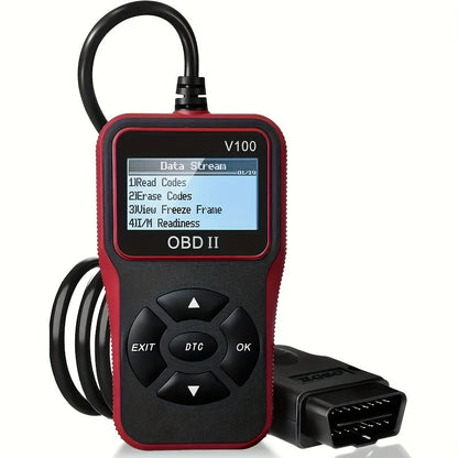 V100 OBD2 Scanner with Four-Line Menu, 12.4 x 7cm Body, Tethered 16-Pin Plug and Four Color Options