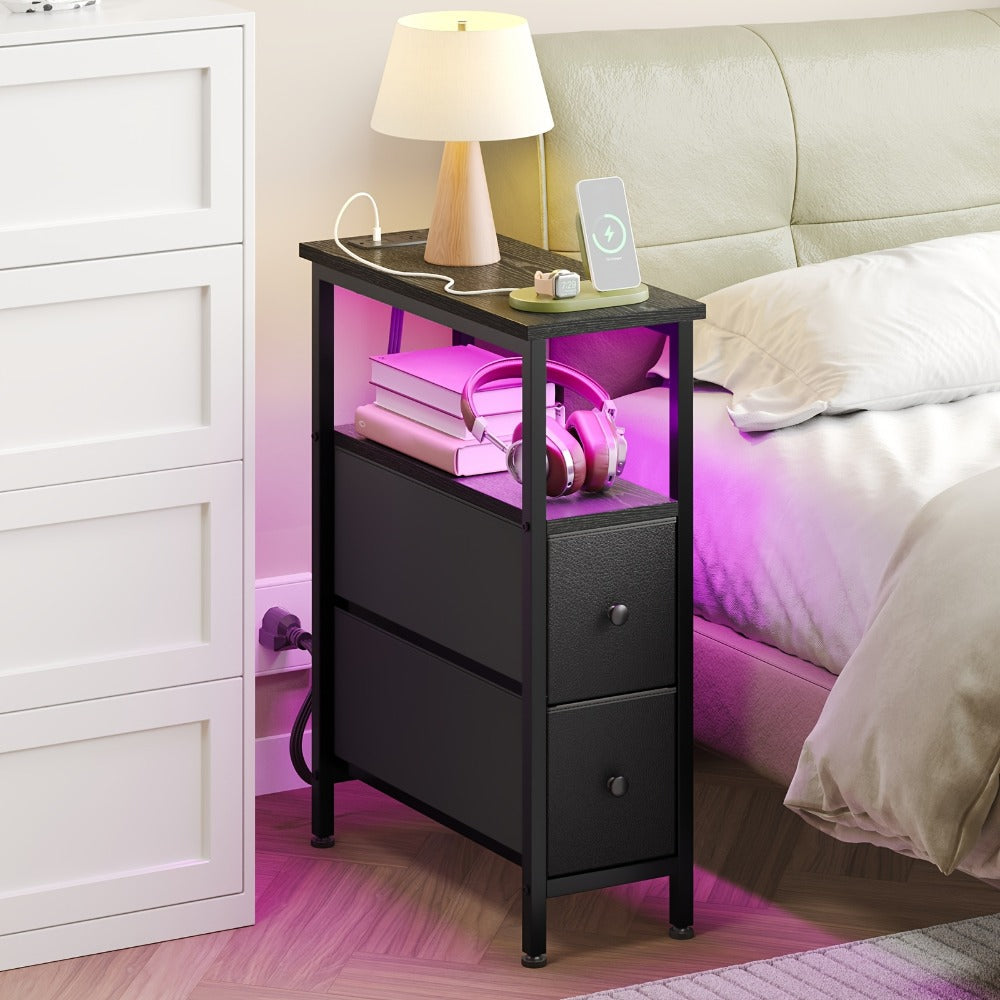 Nightstand Slim One or Two Fabric Drawers with Charging Station, LED Light and Single or Two-Pack Choice