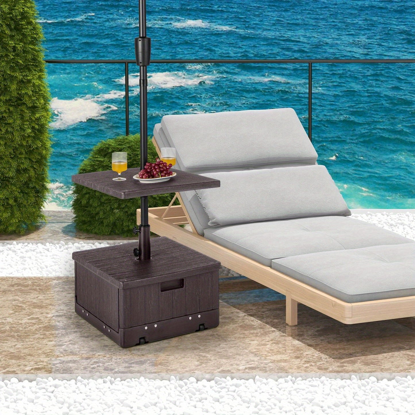 Patio Umbrella Base 3-in-1 Fillable with Table Tray & Planter Box Wheeled Stand Fits 1.5"/1.9" Poles for Garden, Patio and Yard Use