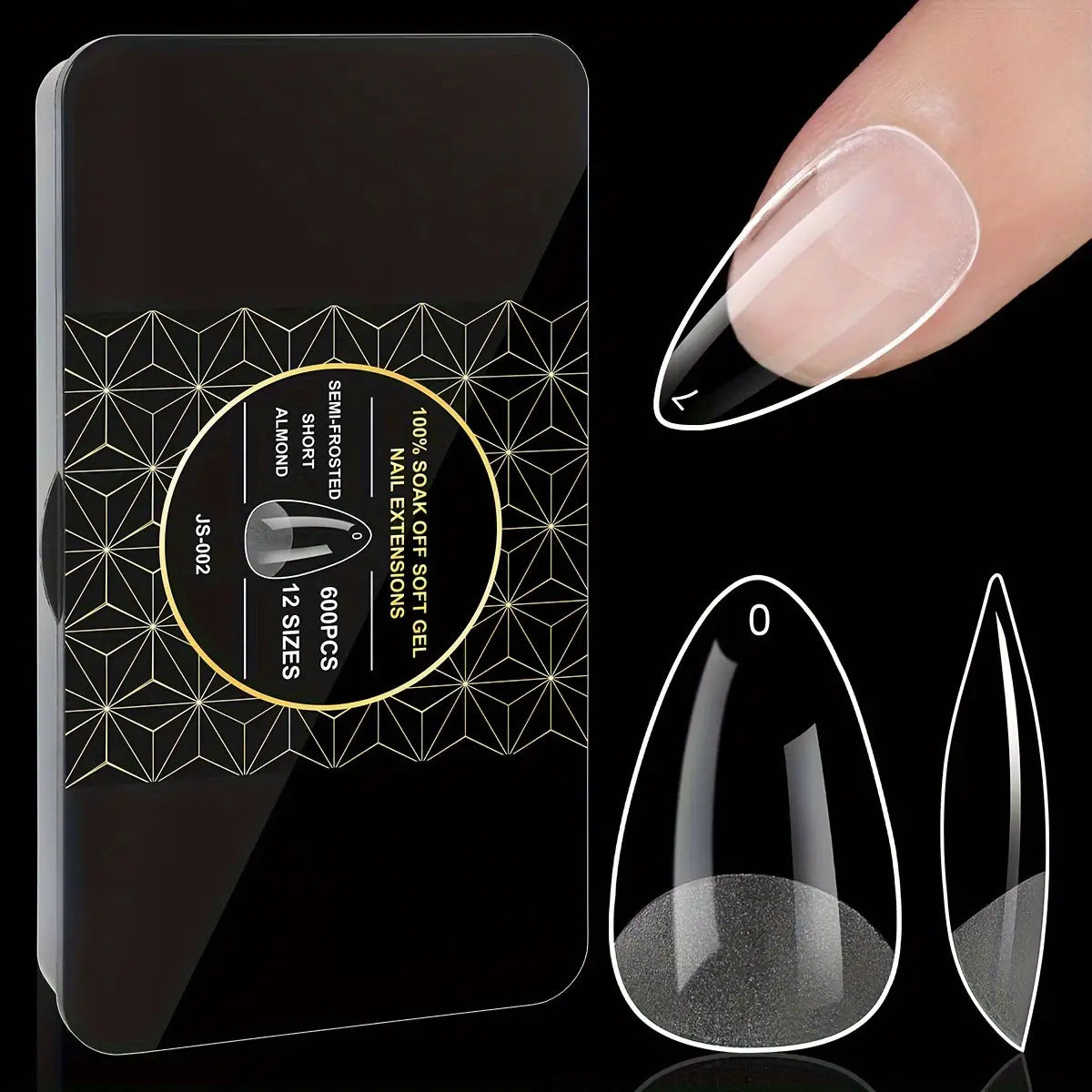 Gel Nail Tips 600 Pieces Clear Crystal Full Cover Nail Extensions – Almond Oval Coffin Stiletto Square Short Medium Long Soft Gel False